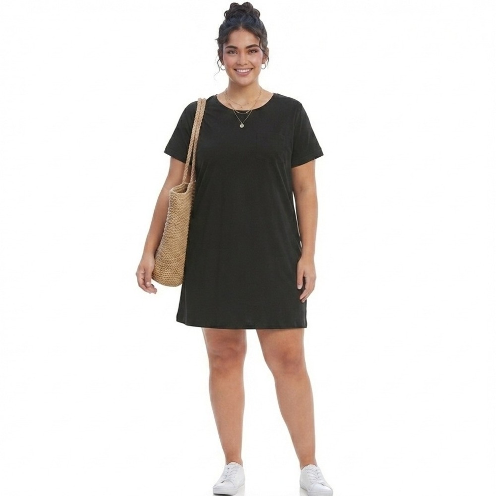 St. John's Bay T-Shirt Dress Womens L Black Short Sleeve Pocket Jersey EUC